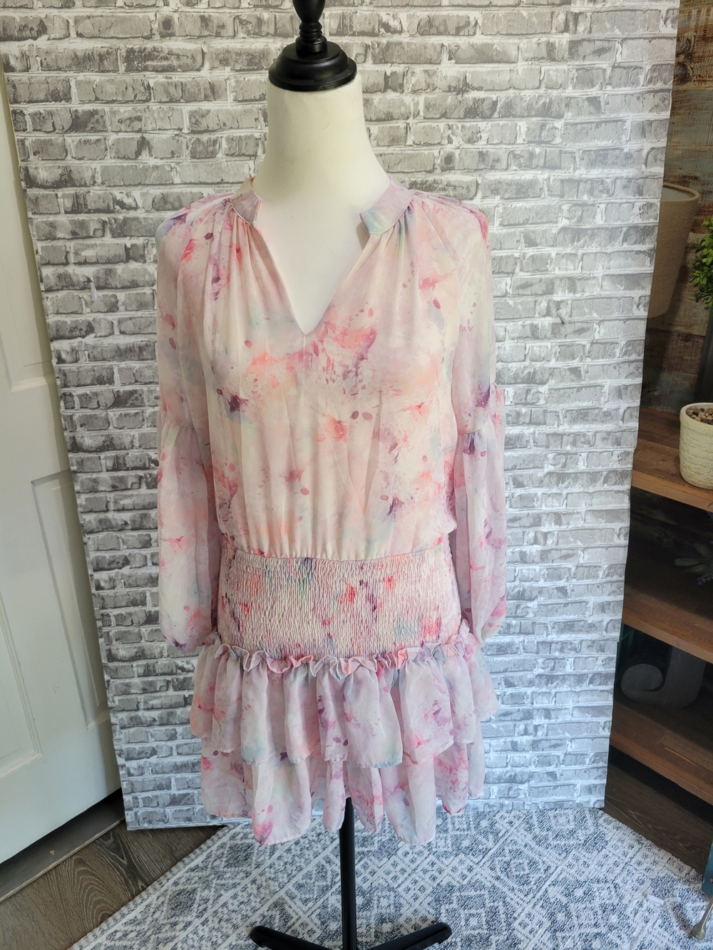 TCEC Popover Mini Dress Pink Floral Smocked Waist Ruffle Tiered Sz S, Coquette